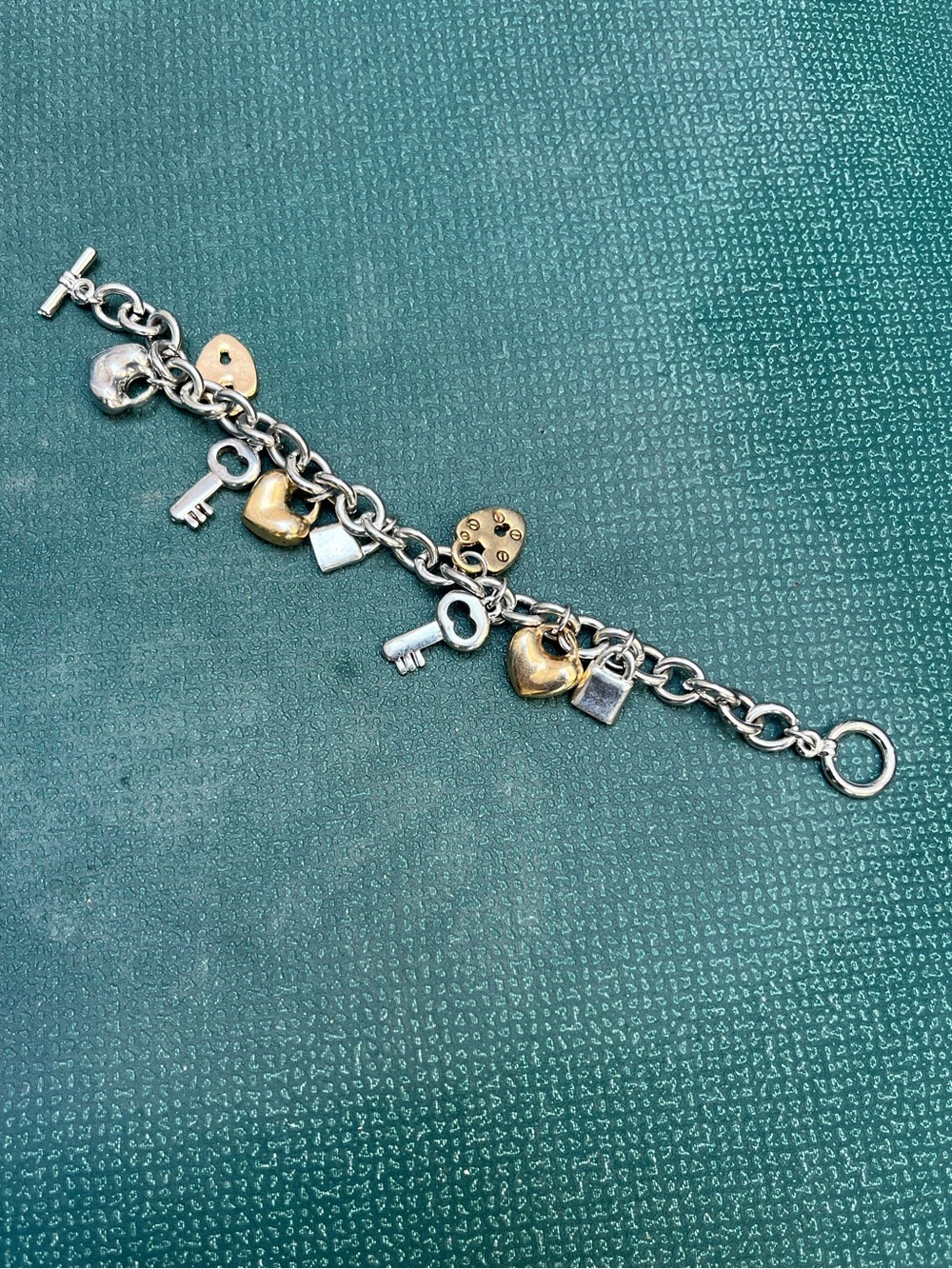Silver and Gold Tone Charm Bracelet with Keys and Heart Locks